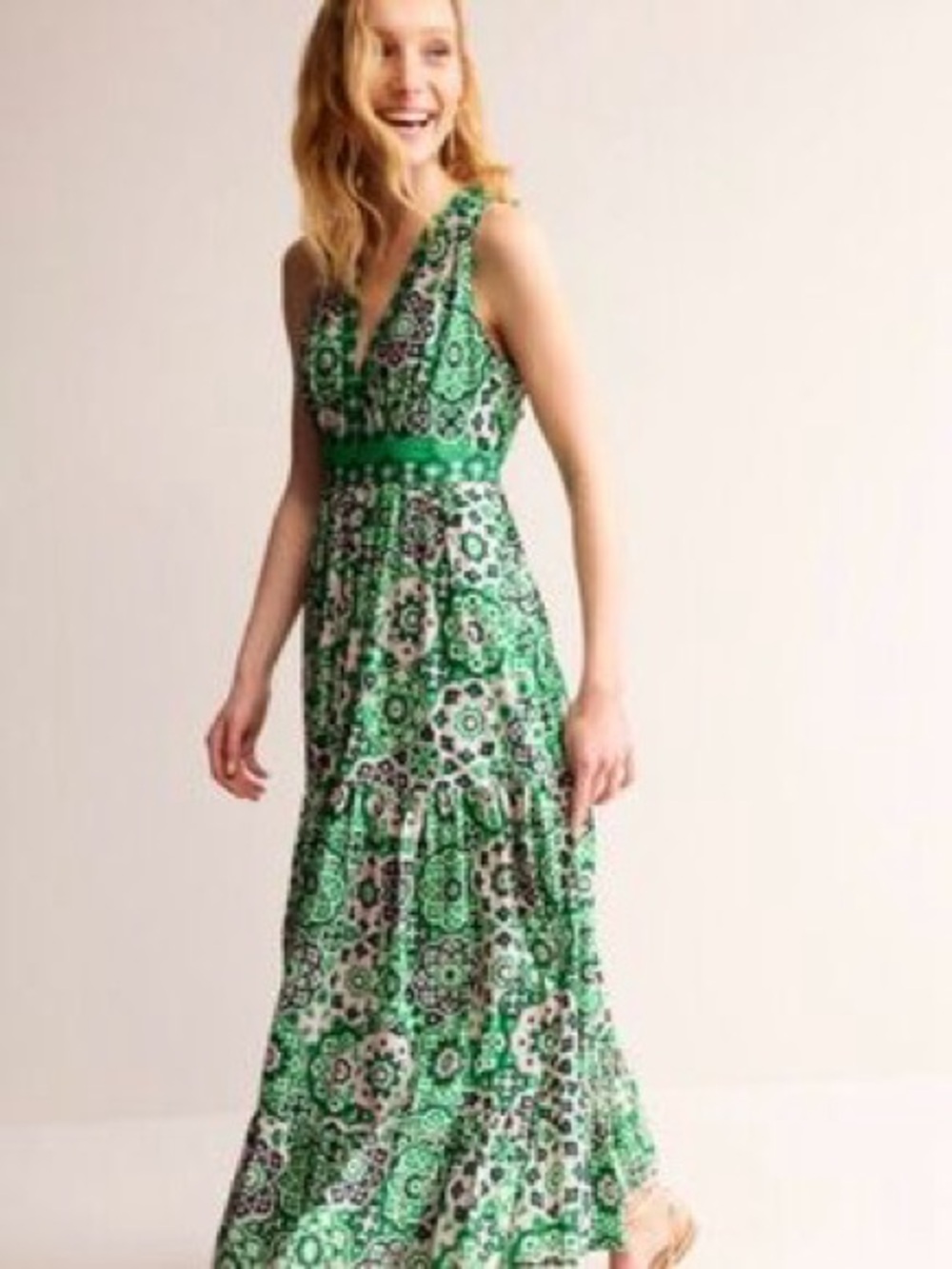 BODEN • NWT cotton maxi tie neck tank dress - 8 petite green white - Picture 3 of 12